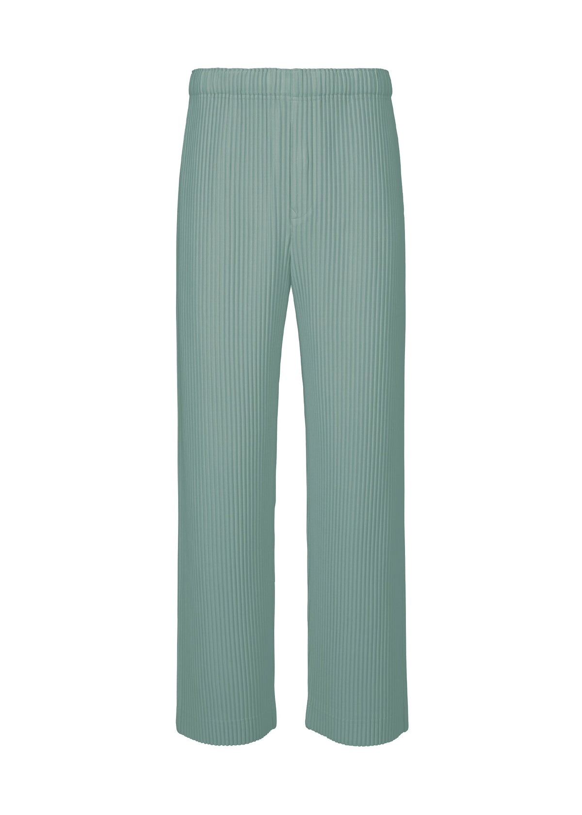 The COLOR PLEATS 2 pants by HOMME PLISSÉ ISSEY MIYAKE are light green, high-waisted, sporty straight-leg trousers featuring a vertical ribbed texture and quick-drying polyester fabric, displayed against a plain white background. view 2 of 8