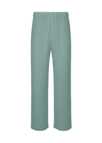 The COLOR PLEATS 2 pants by HOMME PLISSÉ ISSEY MIYAKE are light green, high-waisted, sporty straight-leg trousers featuring a vertical ribbed texture and quick-drying polyester fabric, displayed against a plain white background. - GLOOM BLUE （no.73）