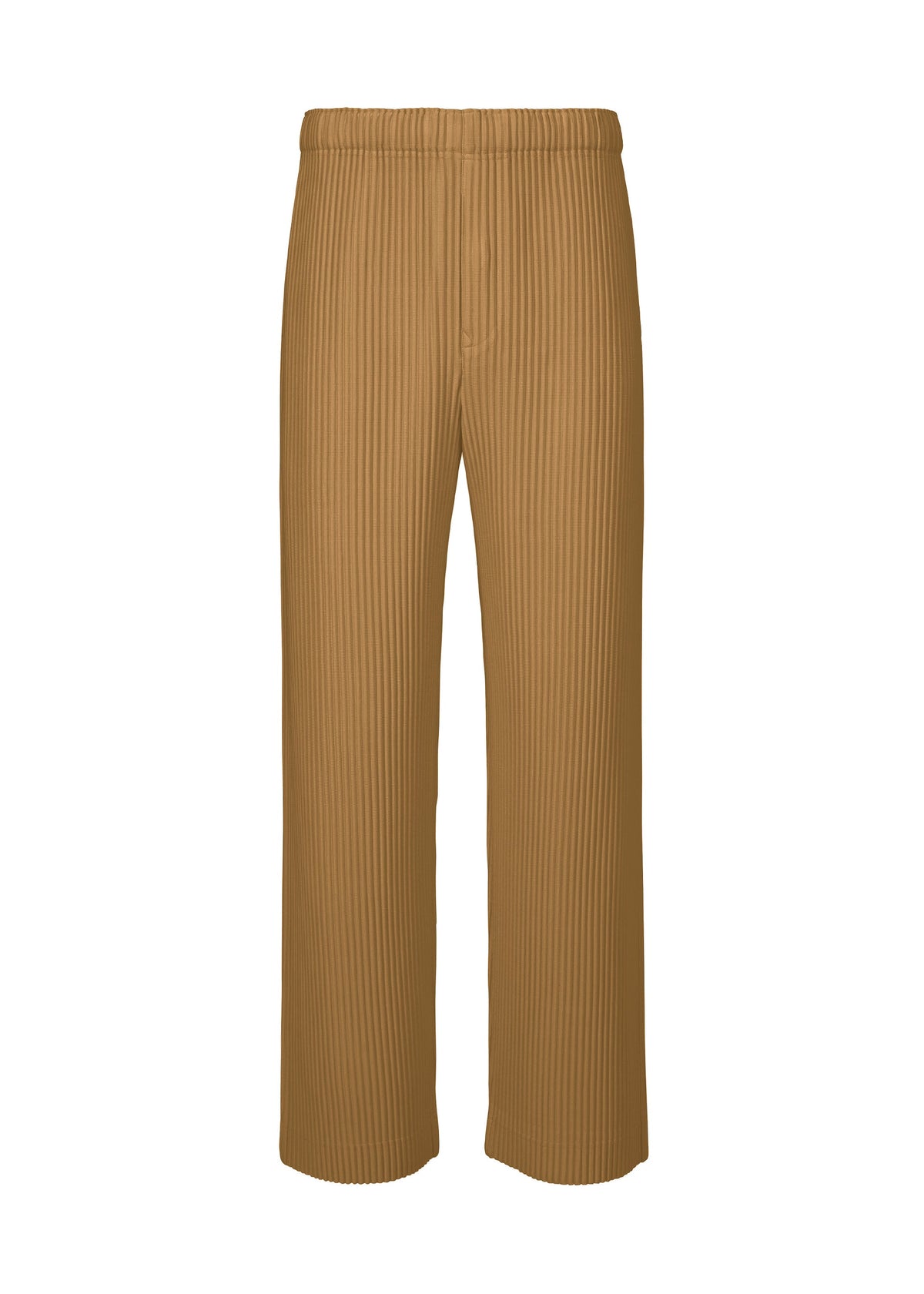 COLOR PLEATS 2 by HOMME PLISSÉ ISSEY MIYAKE: Tan, ribbed, sporty straight pants crafted from quick-drying polyester with an elastic waistband, shown against a white background. view 3 of 8