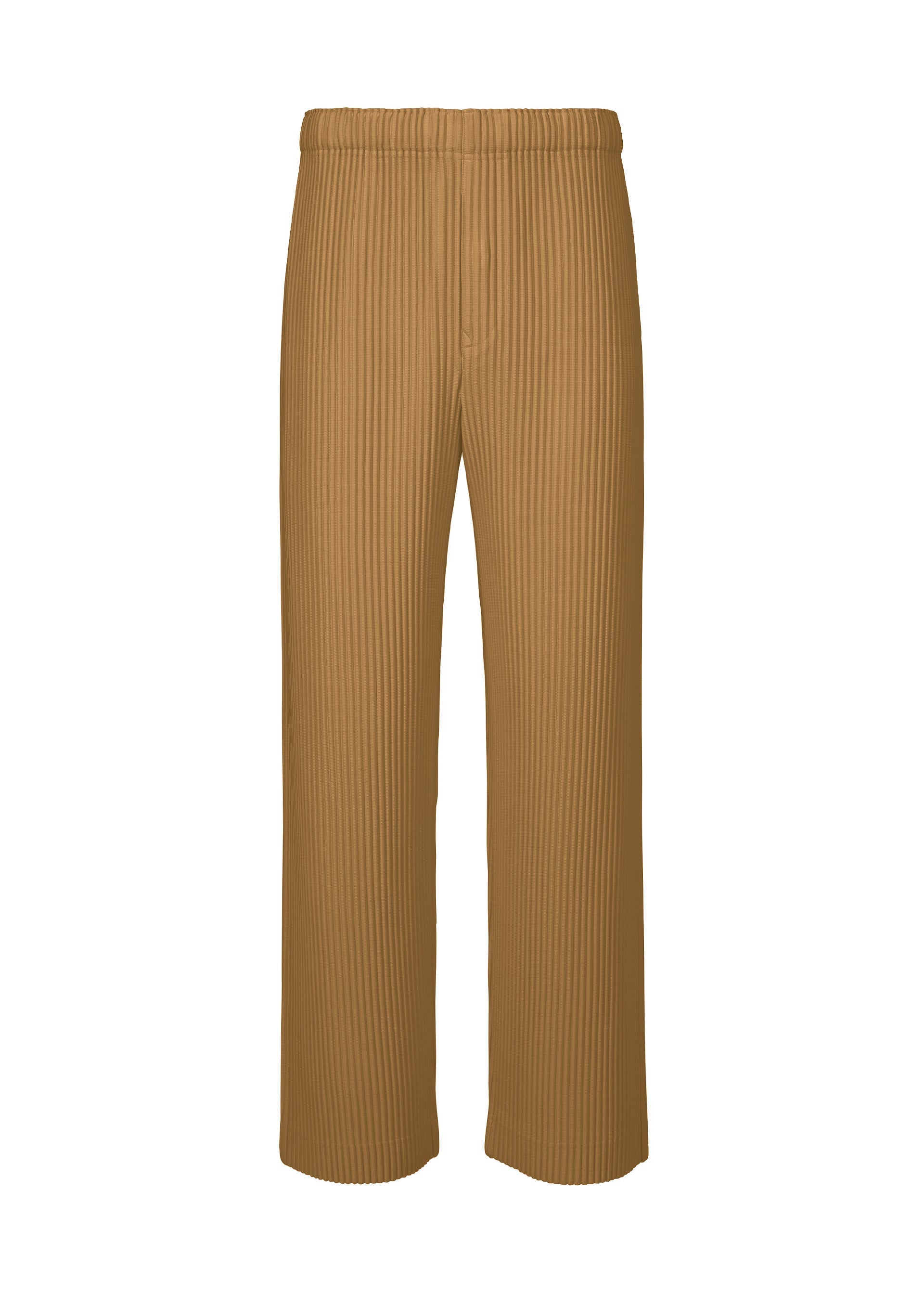 Zoomed view COLOR PLEATS 2 by HOMME PLISSÉ ISSEY MIYAKE: Tan, ribbed, sporty straight pants crafted from quick-drying polyester with an elastic waistband, shown against a white background. - SHADE BROWN （no.94）