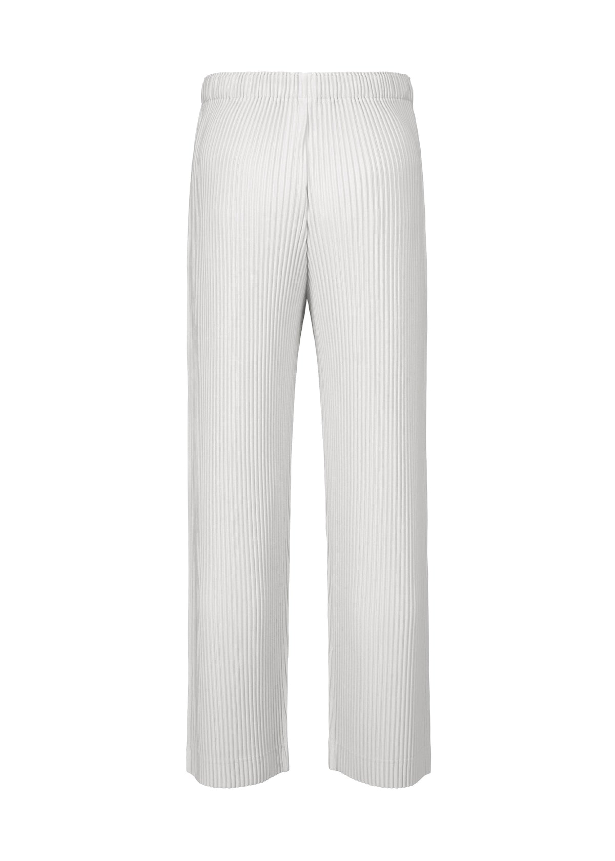 The COLOR PLEATS 2 pants by HOMME PLISSÉ ISSEY MIYAKE are shown from the back, featuring a sporty straight-leg silhouette and an elastic drawcord waist. Crafted from quick-drying polyester with vertical textured pleats, they offer a stylish and modern look. view 4 of 8