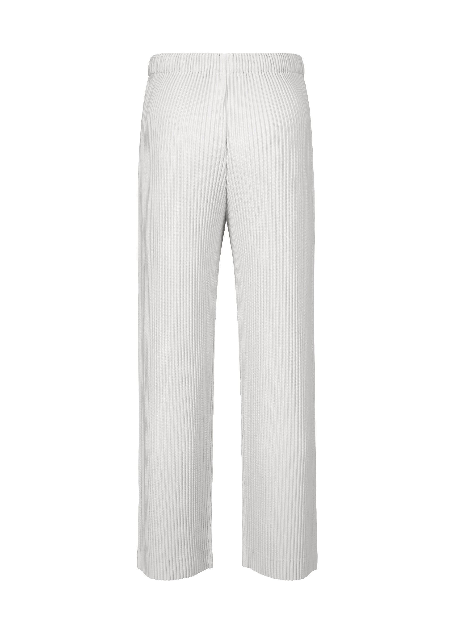 Zoomed view The COLOR PLEATS 2 pants by HOMME PLISSÉ ISSEY MIYAKE are shown from the back, featuring a sporty straight-leg silhouette and an elastic drawcord waist. Crafted from quick-drying polyester with vertical textured pleats, they offer a stylish and modern look.
