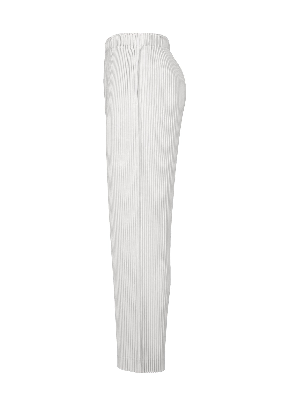 The COLOR PLEATS 2 pants by HOMME PLISSÉ ISSEY MIYAKE are shown in a side view, featuring vertical white stripes, a high waist with an elastic waistband, and a straight leg silhouette crafted from quick-drying polyester, set against a plain white background. view 5 of 8