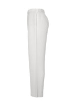 The COLOR PLEATS 2 pants by HOMME PLISSÉ ISSEY MIYAKE are shown in a side view, featuring vertical white stripes, a high waist with an elastic waistband, and a straight leg silhouette crafted from quick-drying polyester, set against a plain white background.