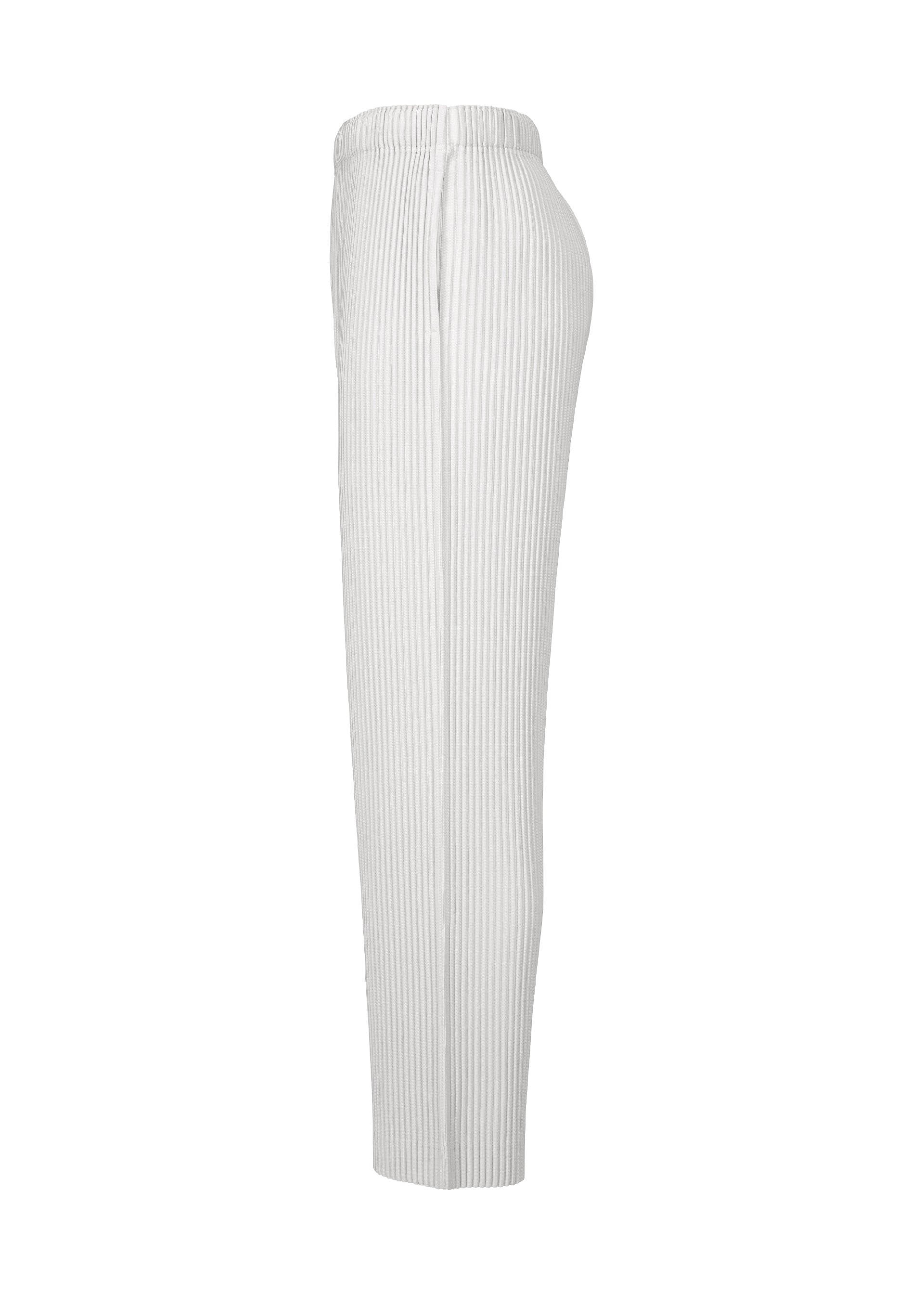 Zoomed view The COLOR PLEATS 2 pants by HOMME PLISSÉ ISSEY MIYAKE are shown in a side view, featuring vertical white stripes, a high waist with an elastic waistband, and a straight leg silhouette crafted from quick-drying polyester, set against a plain white background.