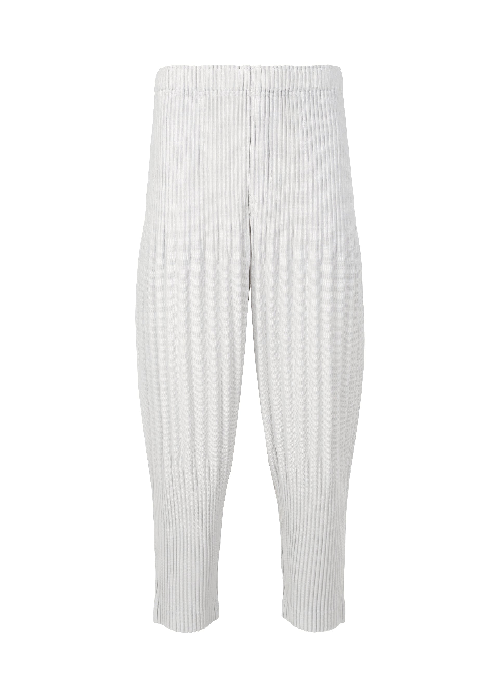Zoomed view The COLOR PLEATS 2 pants by HOMME PLISSÉ ISSEY MIYAKE feature a white, cropped silhouette with a vertical ribbed texture, an elastic drawcord waist, and a slightly loose fit. Made from quick-drying polyester, these sporty pants are showcased against a plain white background. - FLASH GRAY （no.10）