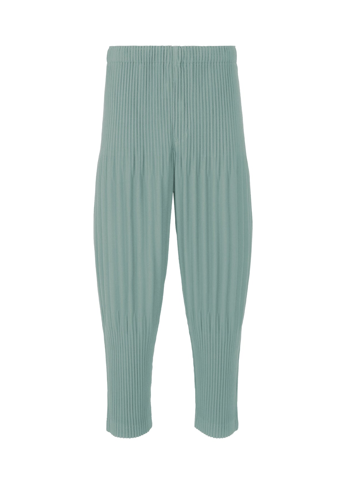 COLOR PLEATS 2 from HOMME PLISSÉ ISSEY MIYAKE are light teal, high-waisted cropped sporty pants featuring a vertical ribbed texture. Made from quick-drying polyester, these relaxed-fit pants fall just below the knee and showcase a minimalist design with no visible pockets, zippers, or additional details. view 2 of 5