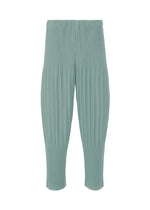 COLOR PLEATS 2 from HOMME PLISSÉ ISSEY MIYAKE are light teal, high-waisted cropped sporty pants featuring a vertical ribbed texture. Made from quick-drying polyester, these relaxed-fit pants fall just below the knee and showcase a minimalist design with no visible pockets, zippers, or additional details. - GLOOM BLUE （no.73）