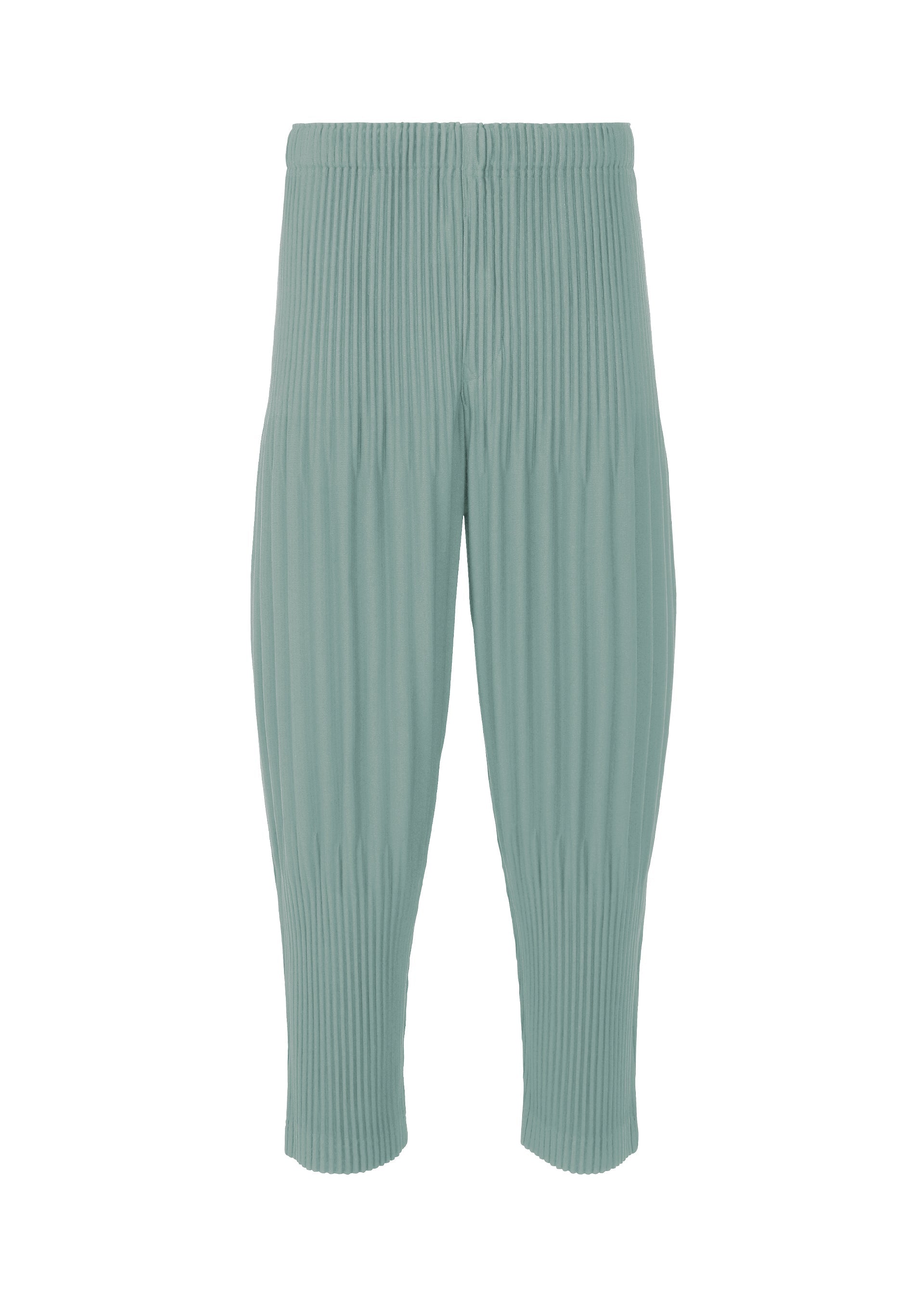 Zoomed view COLOR PLEATS 2 from HOMME PLISSÉ ISSEY MIYAKE are light teal, high-waisted cropped sporty pants featuring a vertical ribbed texture. Made from quick-drying polyester, these relaxed-fit pants fall just below the knee and showcase a minimalist design with no visible pockets, zippers, or additional details. - GLOOM BLUE （no.73）