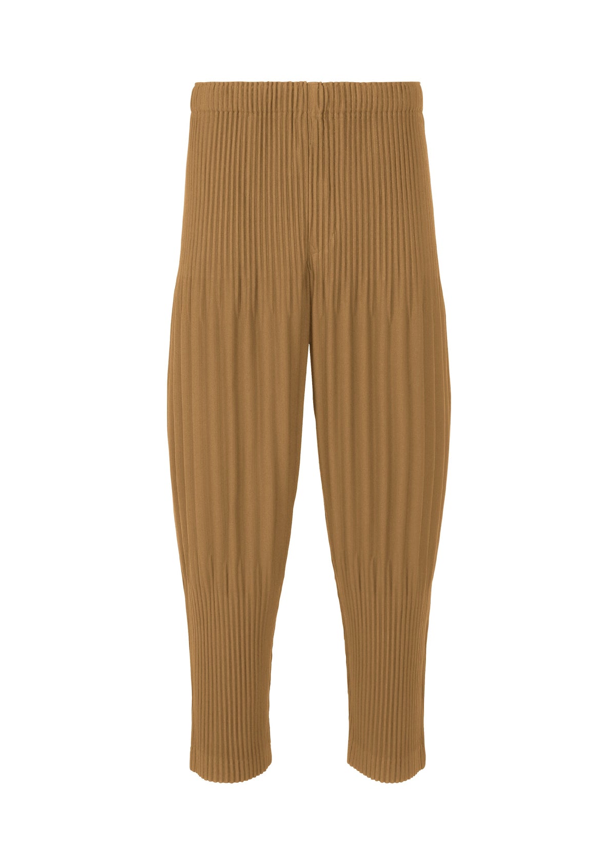 COLOR PLEATS 2 by HOMME PLISSÉ ISSEY MIYAKE: Brown, ribbed, ankle-length sporty pants featuring a slightly loose fit and an elastic drawcord waist, made from quick-drying polyester and shown against a plain white background. view 3 of 5