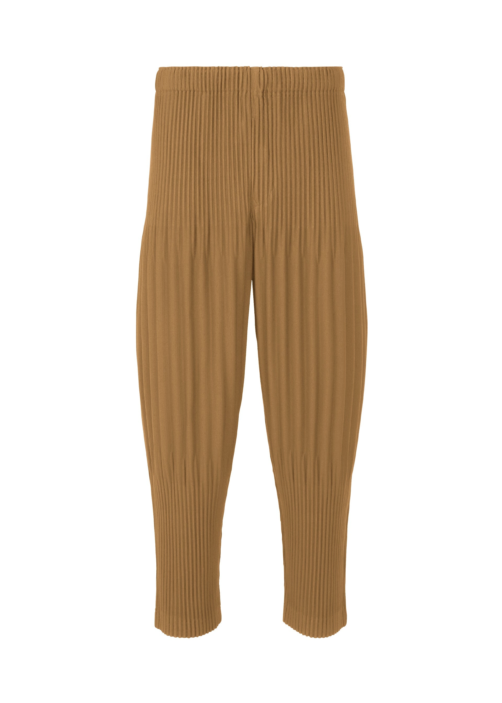 Zoomed view COLOR PLEATS 2 by HOMME PLISSÉ ISSEY MIYAKE: Brown, ribbed, ankle-length sporty pants featuring a slightly loose fit and an elastic drawcord waist, made from quick-drying polyester and shown against a plain white background. - SHADE BROWN （no.94）