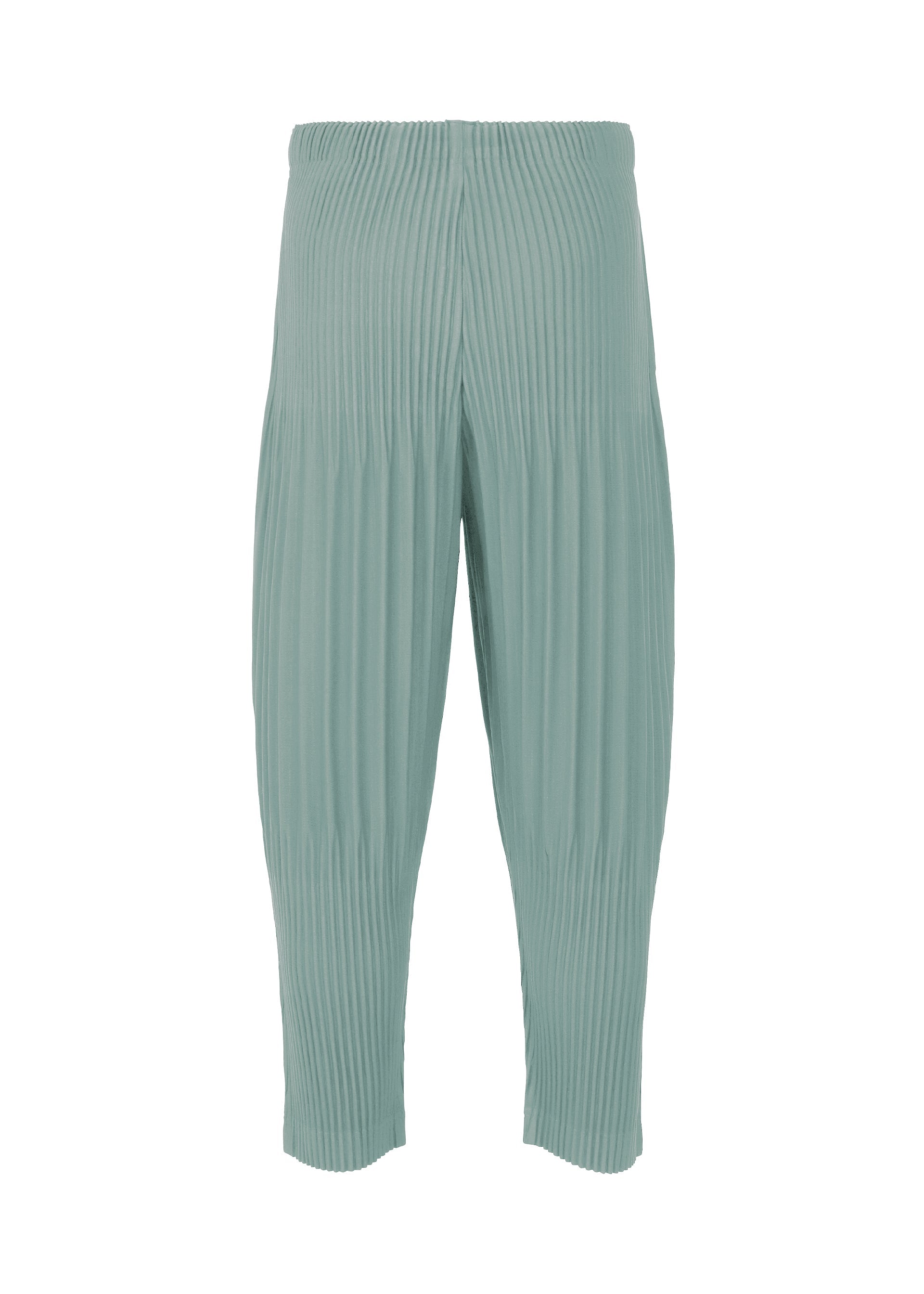Zoomed view The COLOR PLEATS 2 pants by HOMME PLISSÉ ISSEY MIYAKE are light teal, pleated cropped trousers with an elastic waistband, shown against a plain white background. Made from quick-drying polyester, these sporty pants feature a relaxed fit for effortless comfort and have a clean design without visible pockets or fastenings.