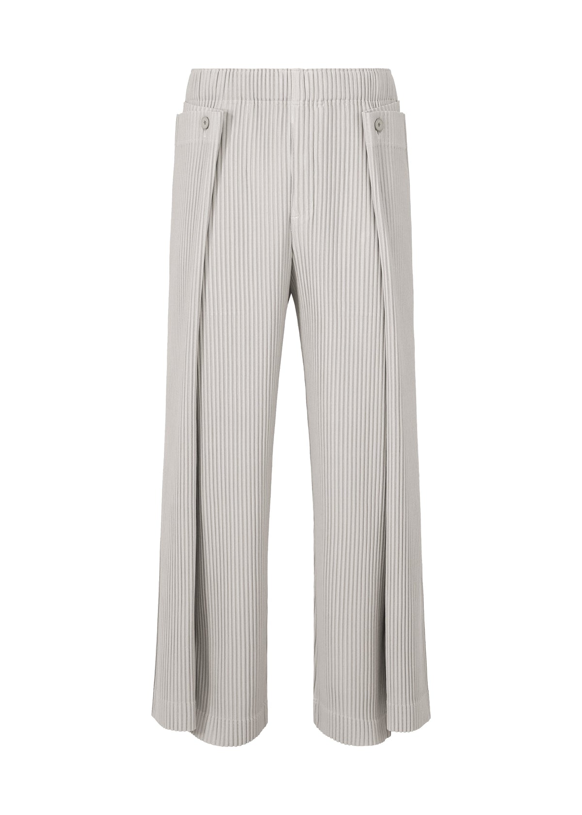 The MOTION BLUR pants by HOMME PLISSÉ ISSEY MIYAKE are light grey, wide-leg pleated jersey pants with a high elastic waist, ribbed texture, side buttons, and an experimental silhouette for a modern, relaxed look. view 1 of 8