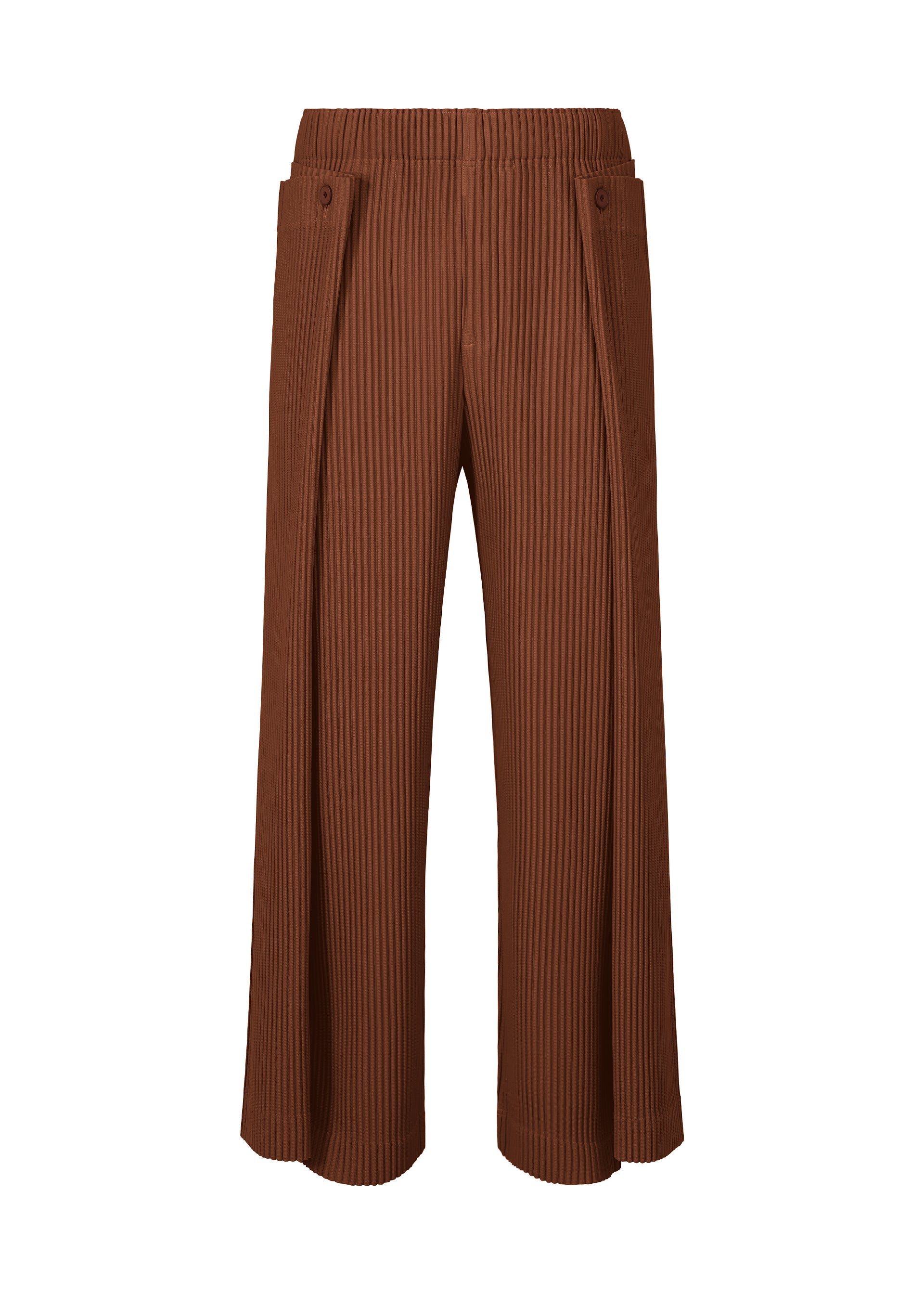 Zoomed view The MOTION BLUR wide-leg brown pleated jersey pants by HOMME PLISSÉ ISSEY MIYAKE feature a high waist, vertical ribbed texture, side button accents, and an ankle-length hem, shown on a white background. - DARKSIDE BROWN （no.45）