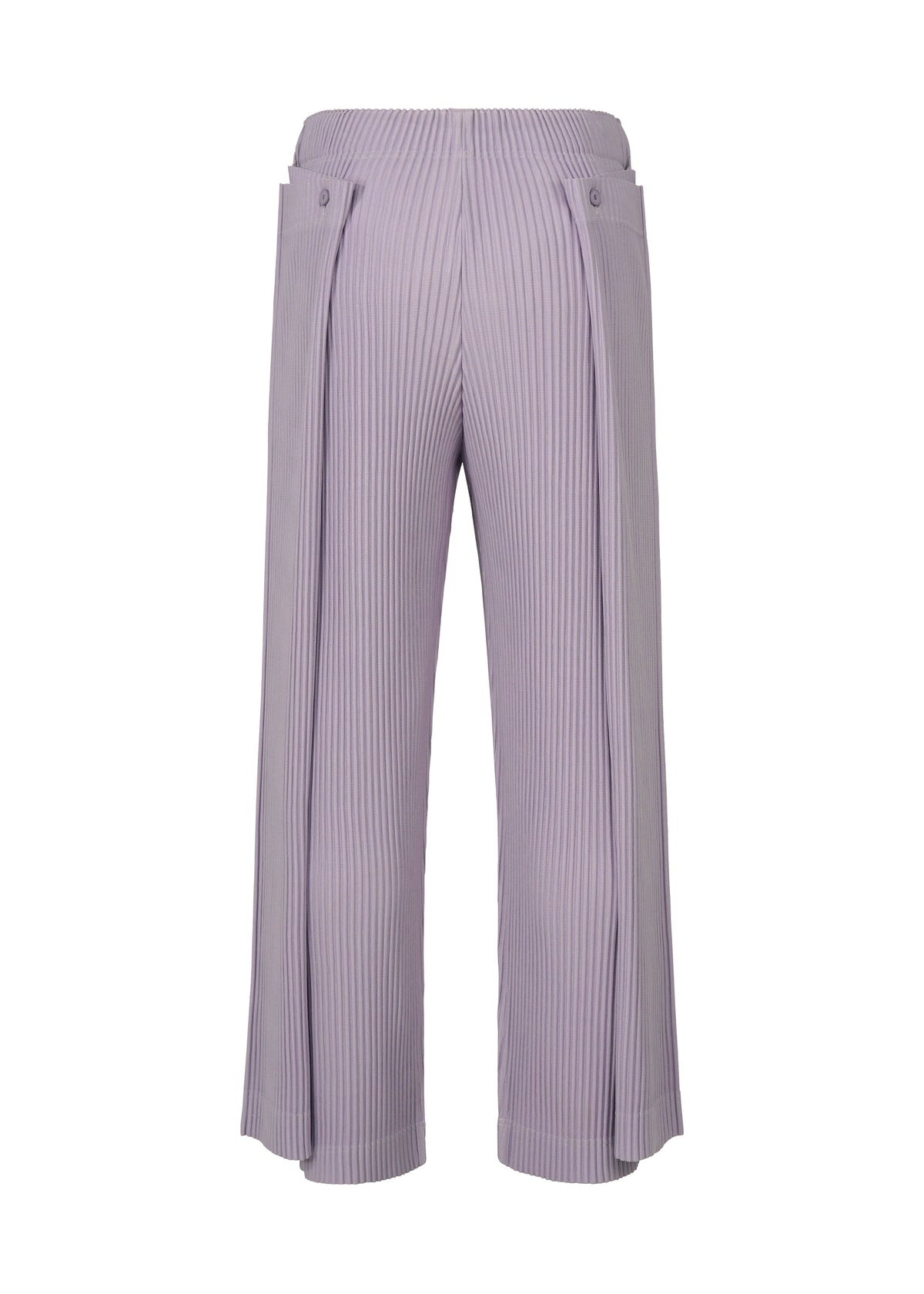The MOTION BLUR wide-leg pleated jersey pants by HOMME PLISSÉ ISSEY MIYAKE feature a high waist, experimental silhouette, and side button details in light lavender, shown against a white background. view 3 of 8