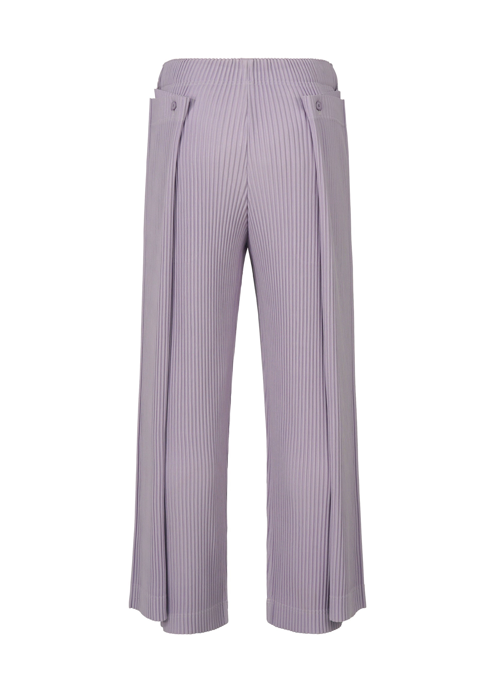 Zoomed view The MOTION BLUR wide-leg pleated jersey pants by HOMME PLISSÉ ISSEY MIYAKE feature a high waist, experimental silhouette, and side button details in light lavender, shown against a white background.