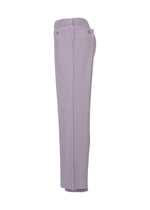 Side view of HOMME PLISSÉ ISSEY MIYAKE MOTION BLUR pants in lavender and white vertical stripes, with elastic waistband, drawcord waist, two back buttons; loose-fitting pleated jersey for a lightweight, experimental look.