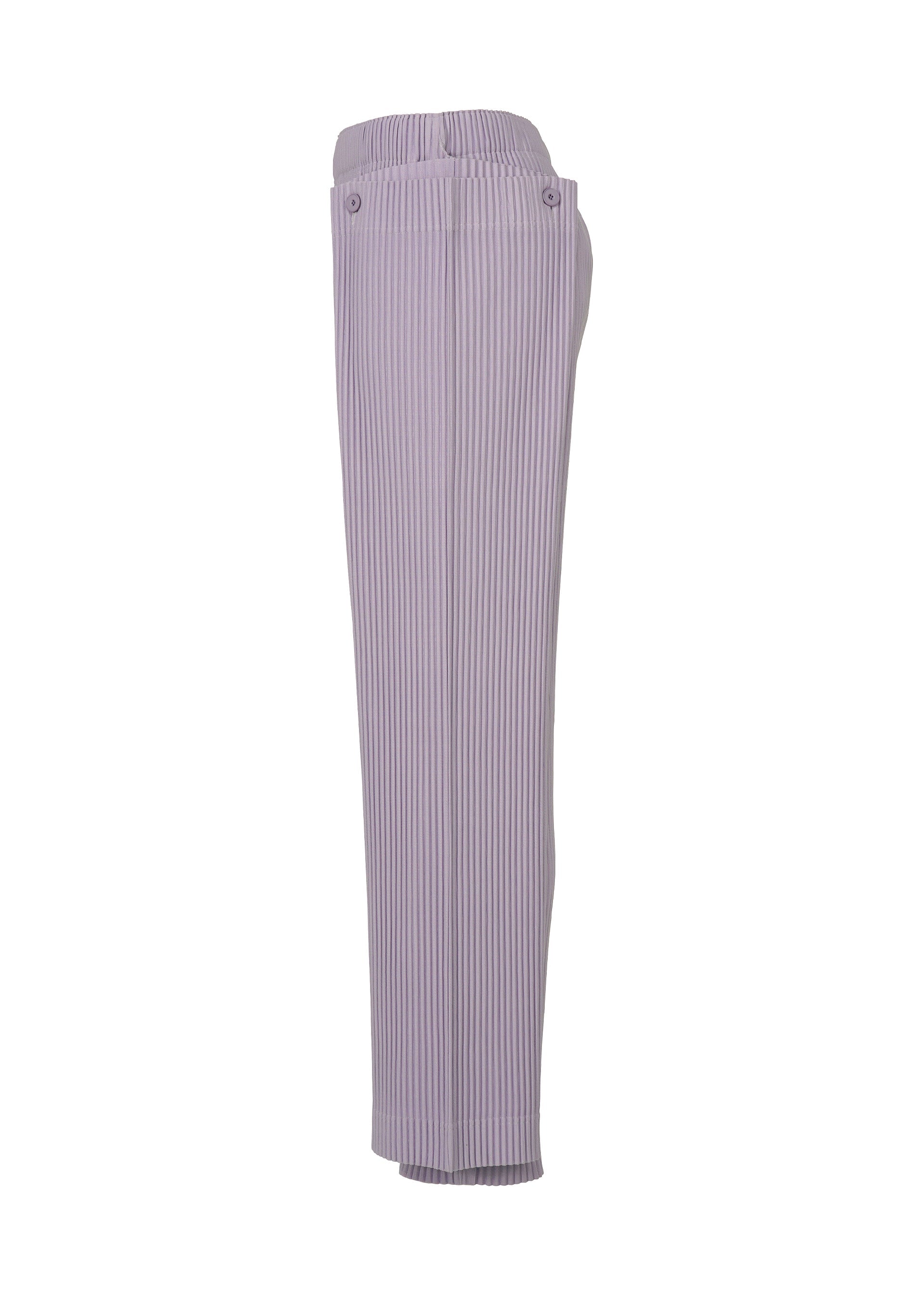 Zoomed view Side view of HOMME PLISSÉ ISSEY MIYAKE MOTION BLUR pants in lavender and white vertical stripes, with elastic waistband, drawcord waist, two back buttons; loose-fitting pleated jersey for a lightweight, experimental look.