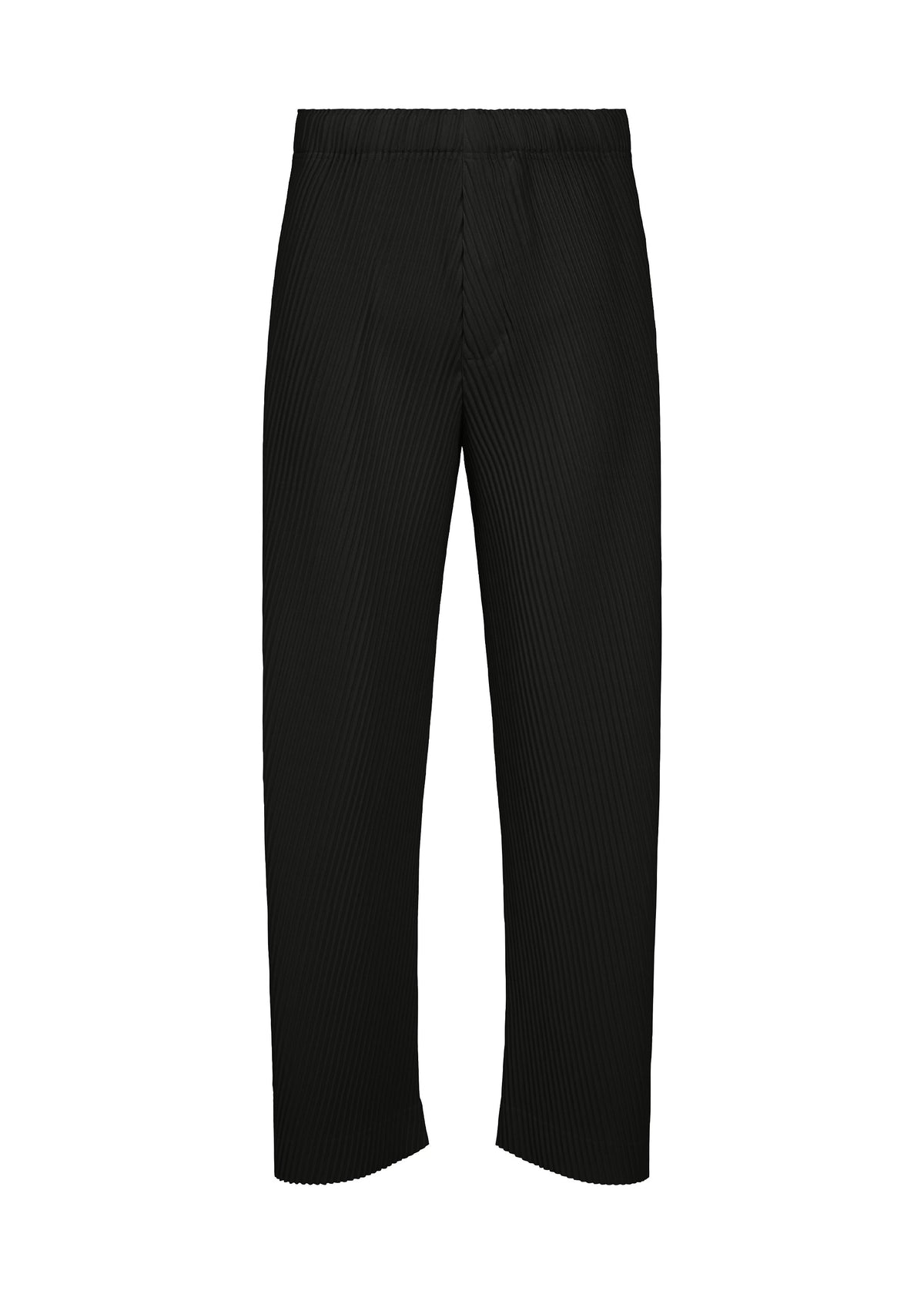 The SLASH pants by HOMME PLISSÉ ISSEY MIYAKE are shown against a plain white background. These black pleated pants feature a straight leg cut, an elastic drawcord waist, and a subtle vertical pleat texture for added comfort and style. view 1 of 7