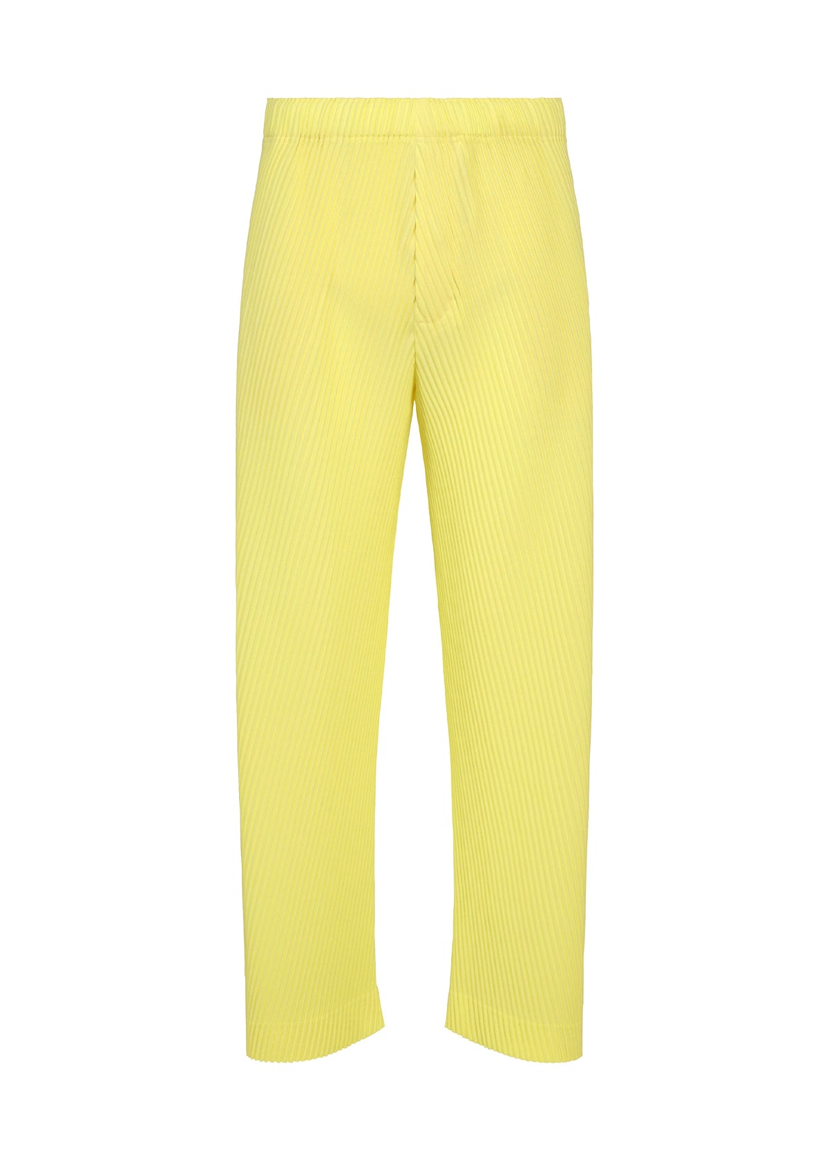 The SLASH pants by HOMME PLISSÉ ISSEY MIYAKE feature a yellow pleated design with straight-leg cut and subtle vertical ribbed texture, finished with an elastic drawcord waist for enhanced comfort. Displayed against a plain white background. view 2 of 7