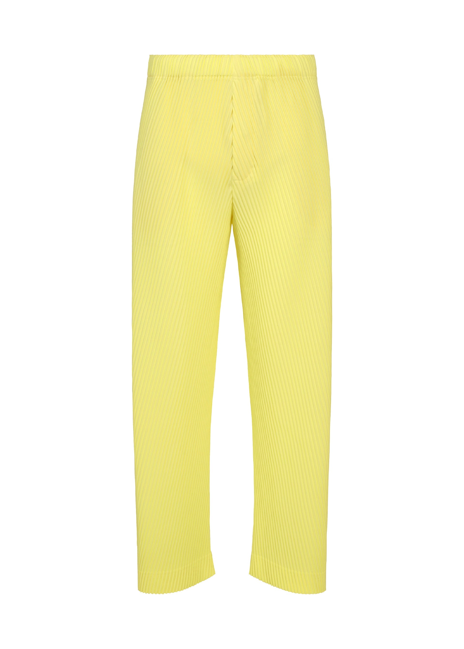 Zoomed view The SLASH pants by HOMME PLISSÉ ISSEY MIYAKE feature a yellow pleated design with straight-leg cut and subtle vertical ribbed texture, finished with an elastic drawcord waist for enhanced comfort. Displayed against a plain white background. - SHINE YELLOW （no.50）