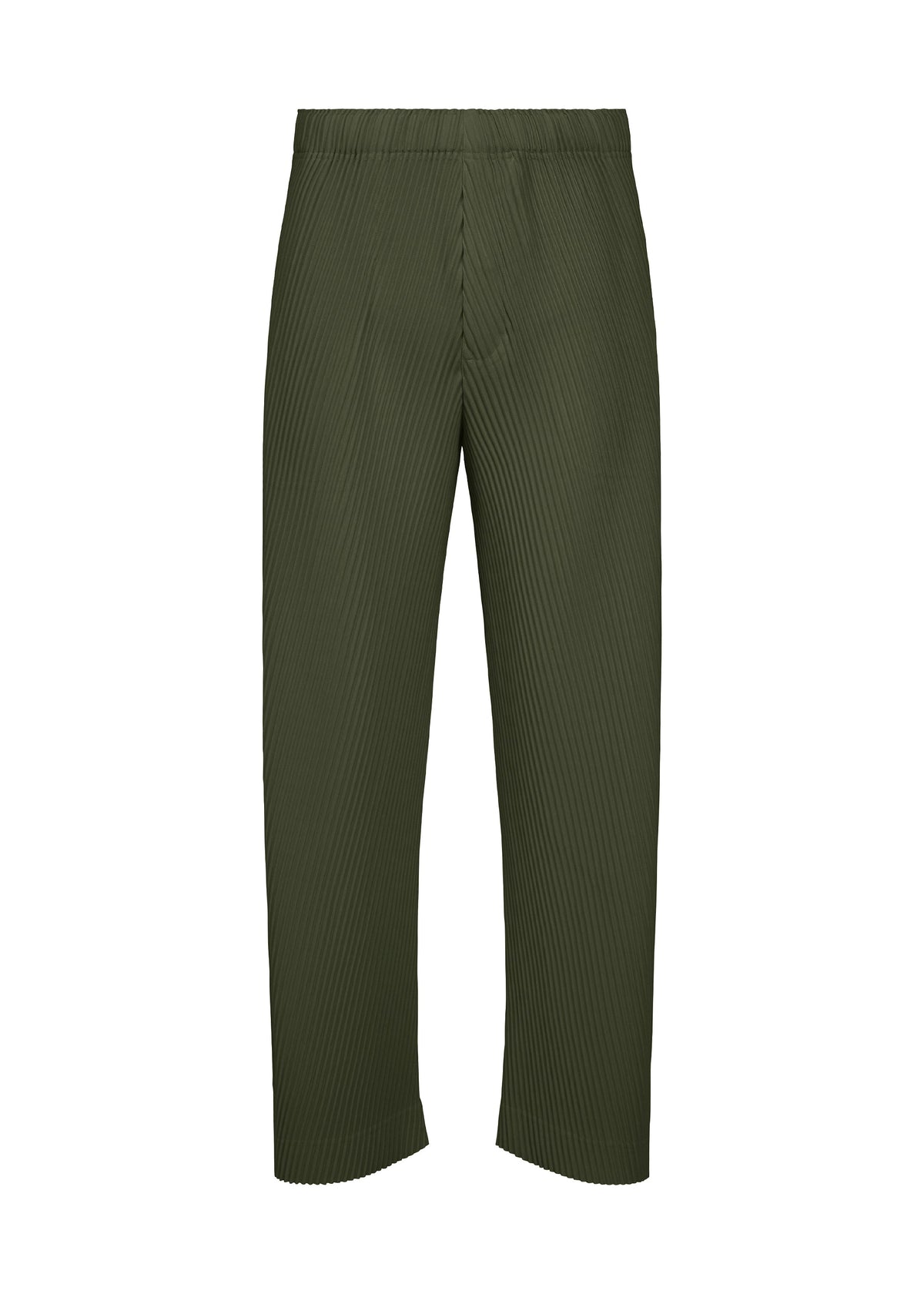 SLASH olive green pleated pants by HOMME PLISSÉ ISSEY MIYAKE, featuring diagonal pleats, an elastic waistband with drawcord, straight-leg cut, and a slightly cropped length, shown against a white background. view 3 of 7