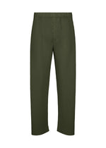 SLASH olive green pleated pants by HOMME PLISSÉ ISSEY MIYAKE, featuring diagonal pleats, an elastic waistband with drawcord, straight-leg cut, and a slightly cropped length, shown against a white background. - DIM GREEN （no.64）