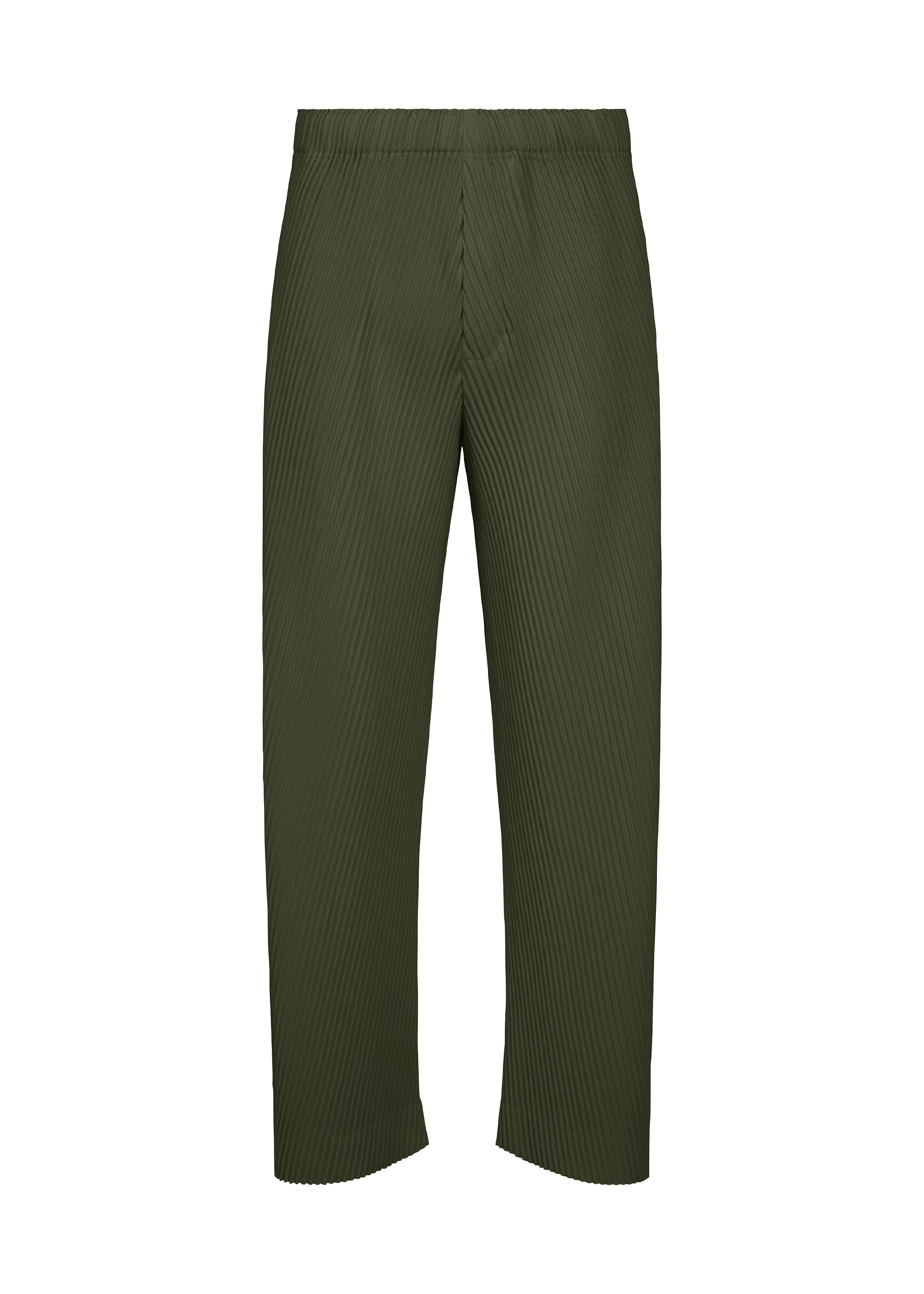 Zoomed view SLASH olive green pleated pants by HOMME PLISSÉ ISSEY MIYAKE, featuring diagonal pleats, an elastic waistband with drawcord, straight-leg cut, and a slightly cropped length, shown against a white background. - DIM GREEN （no.64）