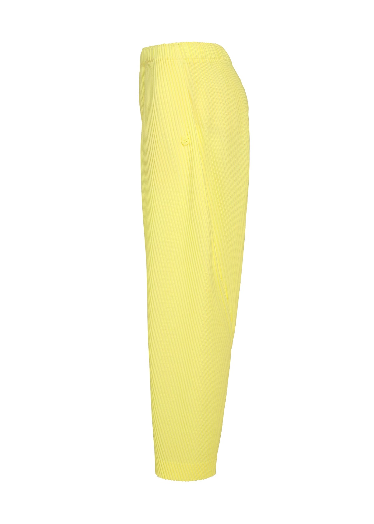 Side view of SLASH, a pair of light yellow pinstriped straight pants by HOMME PLISSÉ ISSEY MIYAKE, featuring an elastic waistband with a subtle drawcord, and a single buttoned hip pocket, displayed against a plain white background. view 5 of 7