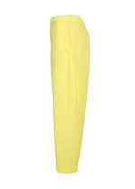 Side view of SLASH, a pair of light yellow pinstriped straight pants by HOMME PLISSÉ ISSEY MIYAKE, featuring an elastic waistband with a subtle drawcord, and a single buttoned hip pocket, displayed against a plain white background.