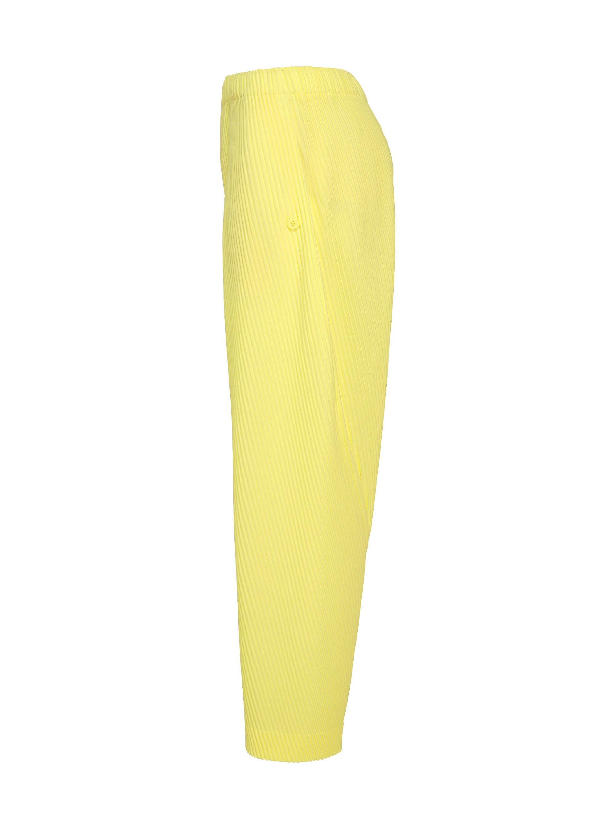 Zoomed view Side view of SLASH, a pair of light yellow pinstriped straight pants by HOMME PLISSÉ ISSEY MIYAKE, featuring an elastic waistband with a subtle drawcord, and a single buttoned hip pocket, displayed against a plain white background.
