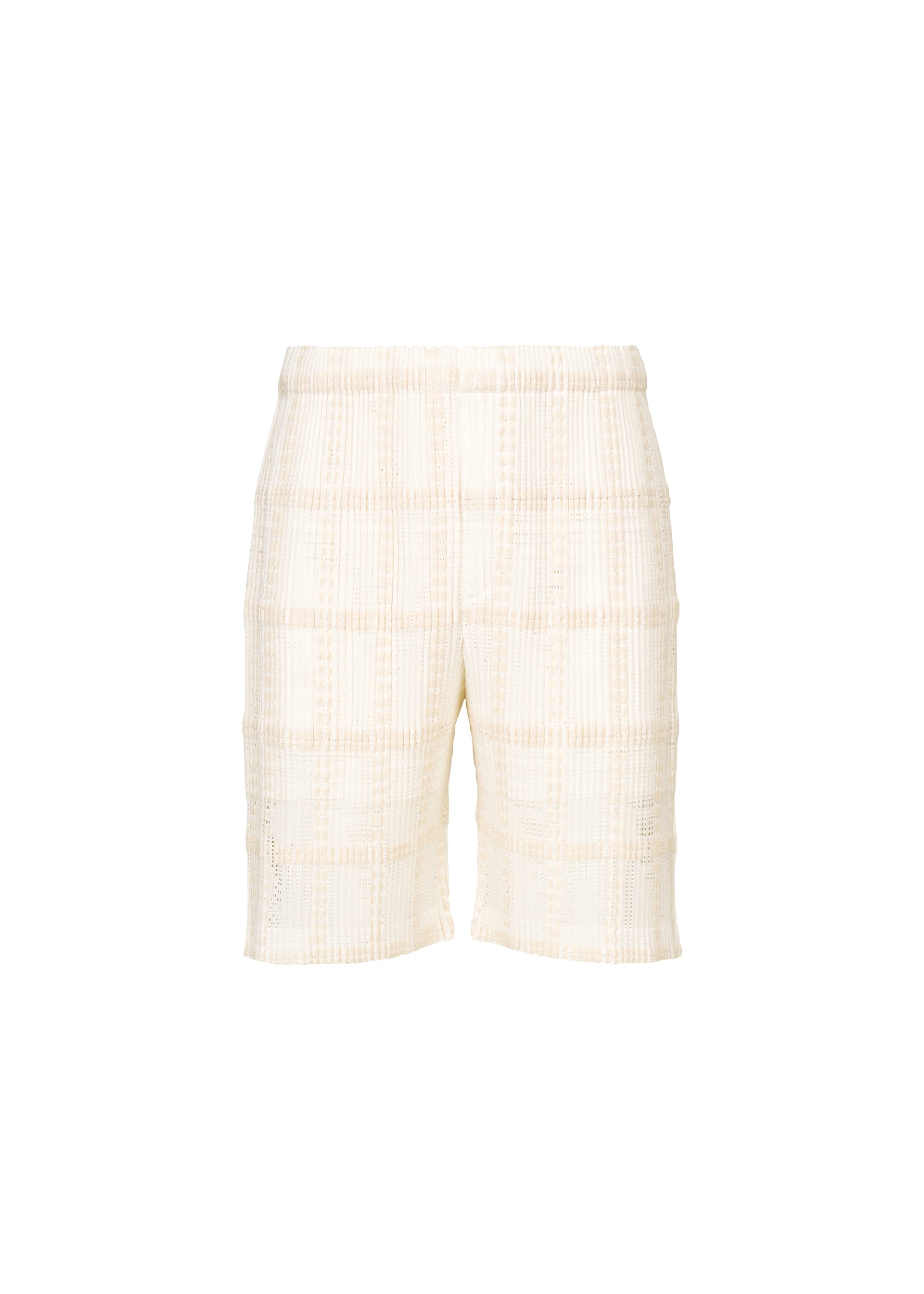 Zoomed view The LACE GRID PLEATS shorts by HOMME PLISSÉ ISSEY MIYAKE are cream-colored, knee-length shorts featuring a subtle plaid texture. Crafted from a soft cotton-blend polyester, they offer an elastic waistband and a relaxed fit, and are displayed against a plain white background. - WHITE （no.01）