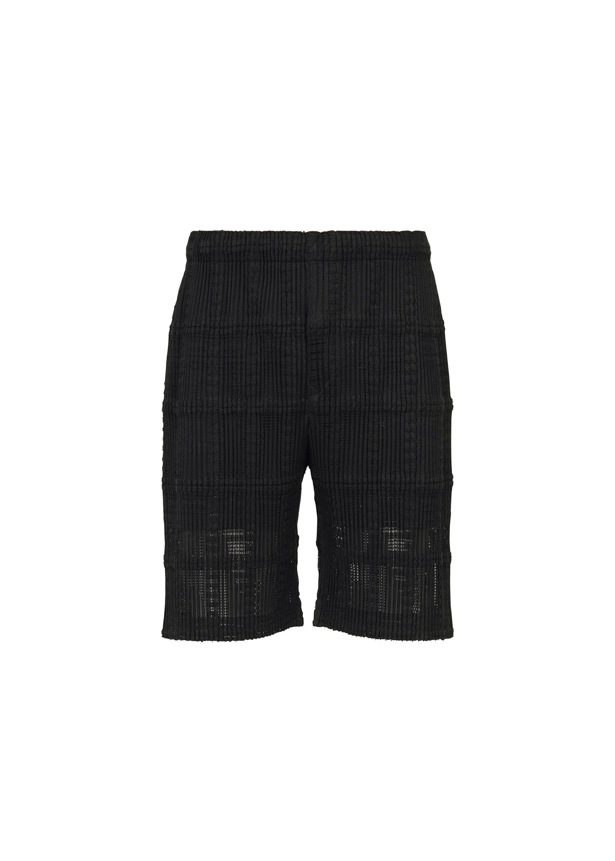The LACE GRID PLEATS shorts by HOMME PLISSÉ ISSEY MIYAKE feature a black textured design with a subtle grid pattern, crafted from a cotton-blend polyester and finished with an elastic waistband. These knee-length shorts are shown against a plain white background. view 2 of 7
