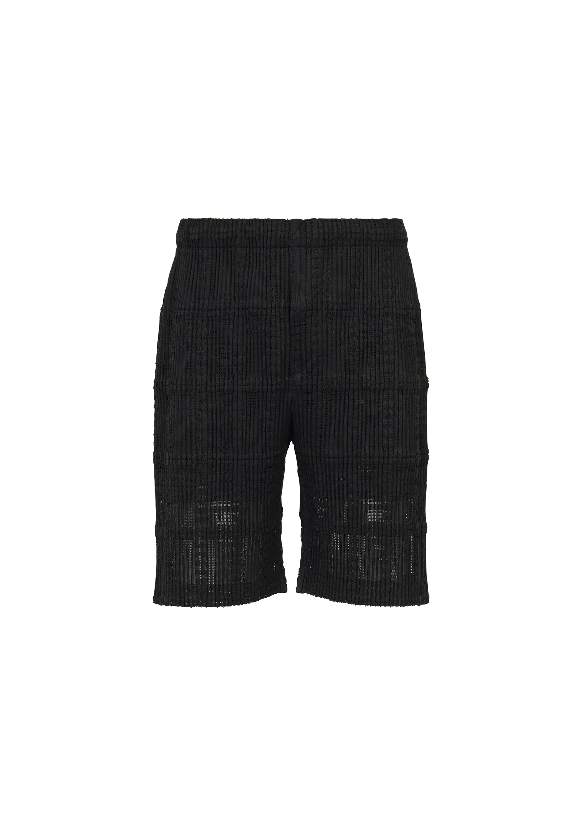 Zoomed view The LACE GRID PLEATS shorts by HOMME PLISSÉ ISSEY MIYAKE feature a black textured design with a subtle grid pattern, crafted from a cotton-blend polyester and finished with an elastic waistband. These knee-length shorts are shown against a plain white background. - BLACK （no.15）