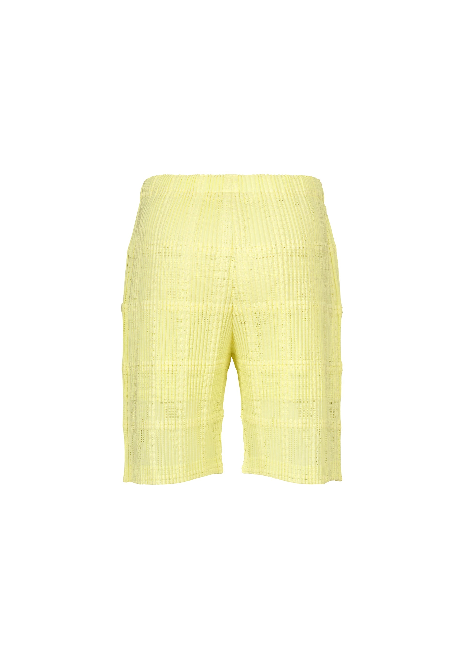 Zoomed view HOMME PLISSÉ ISSEY MIYAKE’s LACE GRID PLEATS shorts in yellow feature a textured, knee-length silhouette with an elastic waistband and drawcord waist, styled against a plain white background. Crafted from a soft cotton-blend polyester fabric, these shorts showcase a subtle grid pattern for elevated visual interest.