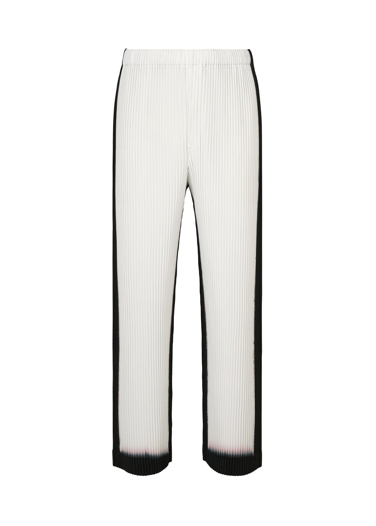 FRAMEWORK : CHUSEN by HOMME PLISSÉ ISSEY MIYAKE are white straight pants with black side stripes, a flared hem, and chusen-inspired design, shown against a plain white background. view 1 of 6