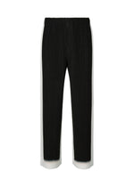 FRAMEWORK : CHUSEN by HOMME PLISSÉ ISSEY MIYAKE—black pleated straight pants with white vertical side panels inspired by the chusen dyeing technique, shown on a plain white background. - BLACK （no.15）