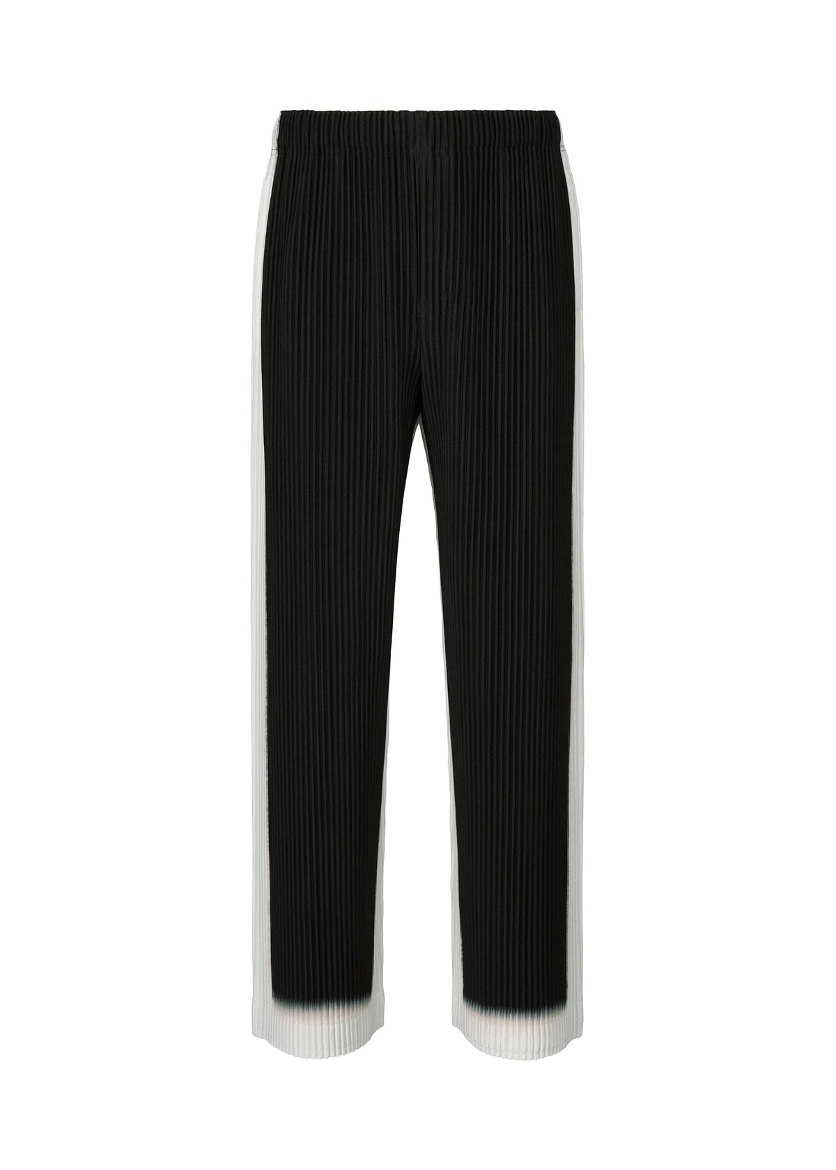 Zoomed view FRAMEWORK : CHUSEN by HOMME PLISSÉ ISSEY MIYAKE—black pleated straight pants with white vertical side panels inspired by the chusen dyeing technique, shown on a plain white background. - BLACK （no.15）