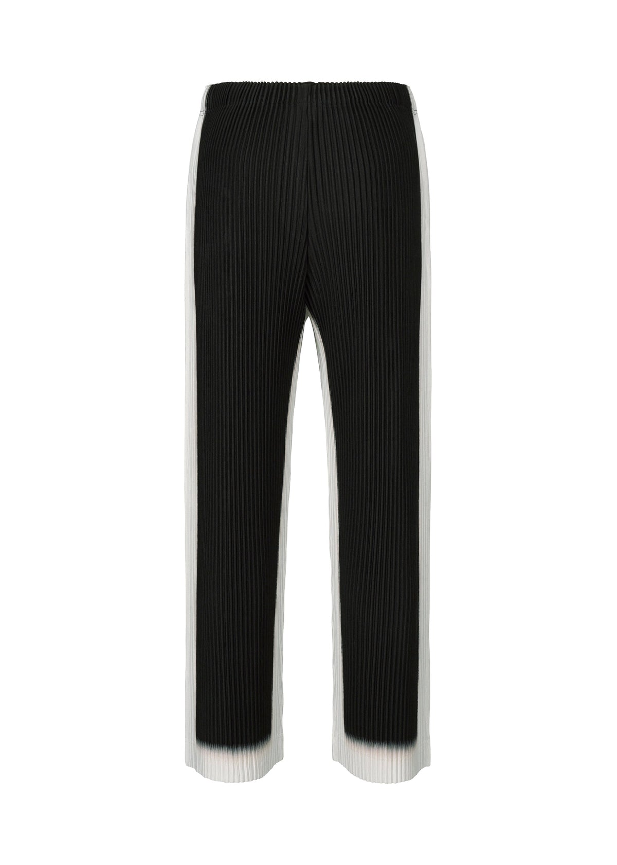 FRAMEWORK : CHUSEN by HOMME PLISSÉ ISSEY MIYAKE—black pleated straight pants with white side panels, elastic waistband, and inspired by the chusen Japanese dyeing technique. Shown front-facing on a white background. view 3 of 6