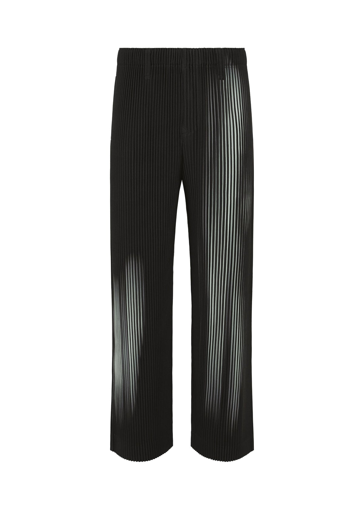 IN THE SHADOW by HOMME PLISSÉ ISSEY MIYAKE: Black pleated straight pants with an optical-illusion stripe on the right leg and left knee, elastic waistband, classic silhouette. Shown against a white background. view 1 of 5