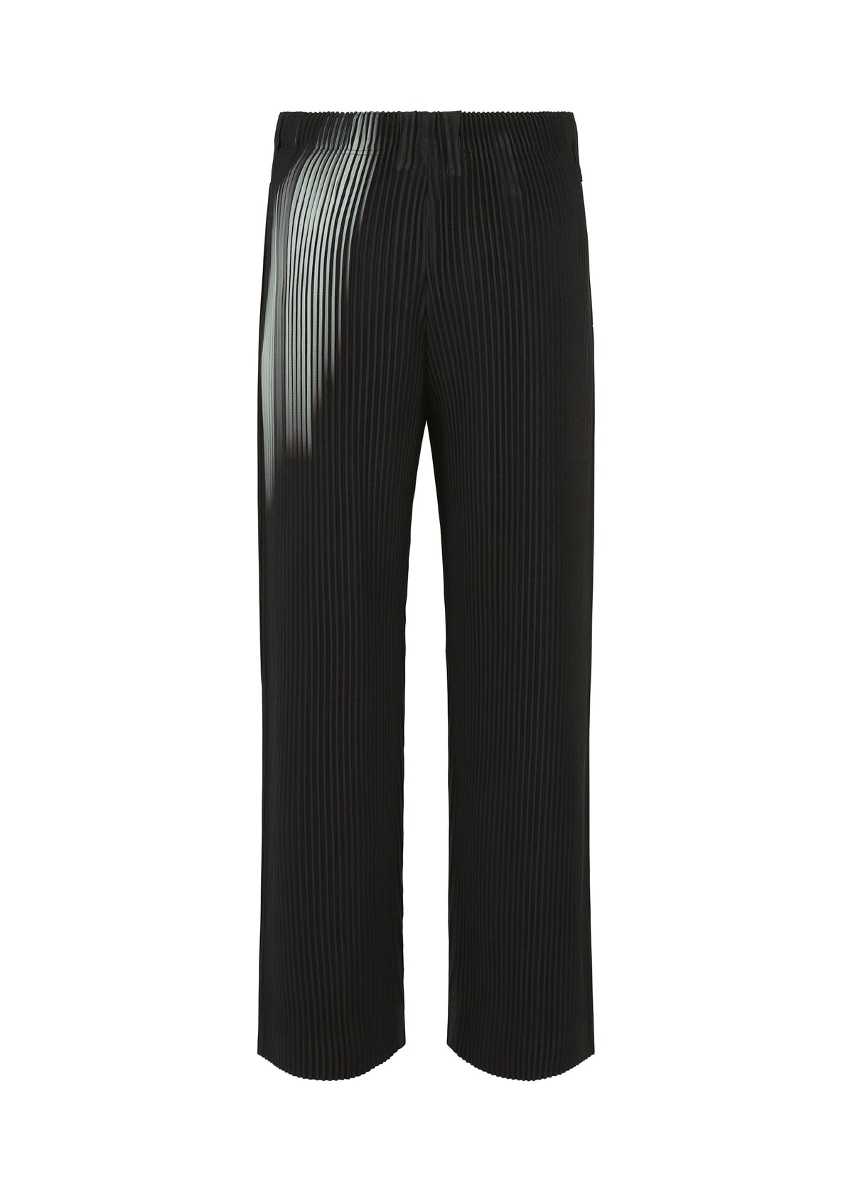 IN THE SHADOW by HOMME PLISSÉ ISSEY MIYAKE: Black pleated straight pants with a subtle left-side shine, elastic waistband, and classic tailoring are shown against a white background. view 2 of 5