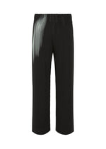 IN THE SHADOW by HOMME PLISSÉ ISSEY MIYAKE: Black pleated straight pants with a subtle left-side shine, elastic waistband, and classic tailoring are shown against a white background.