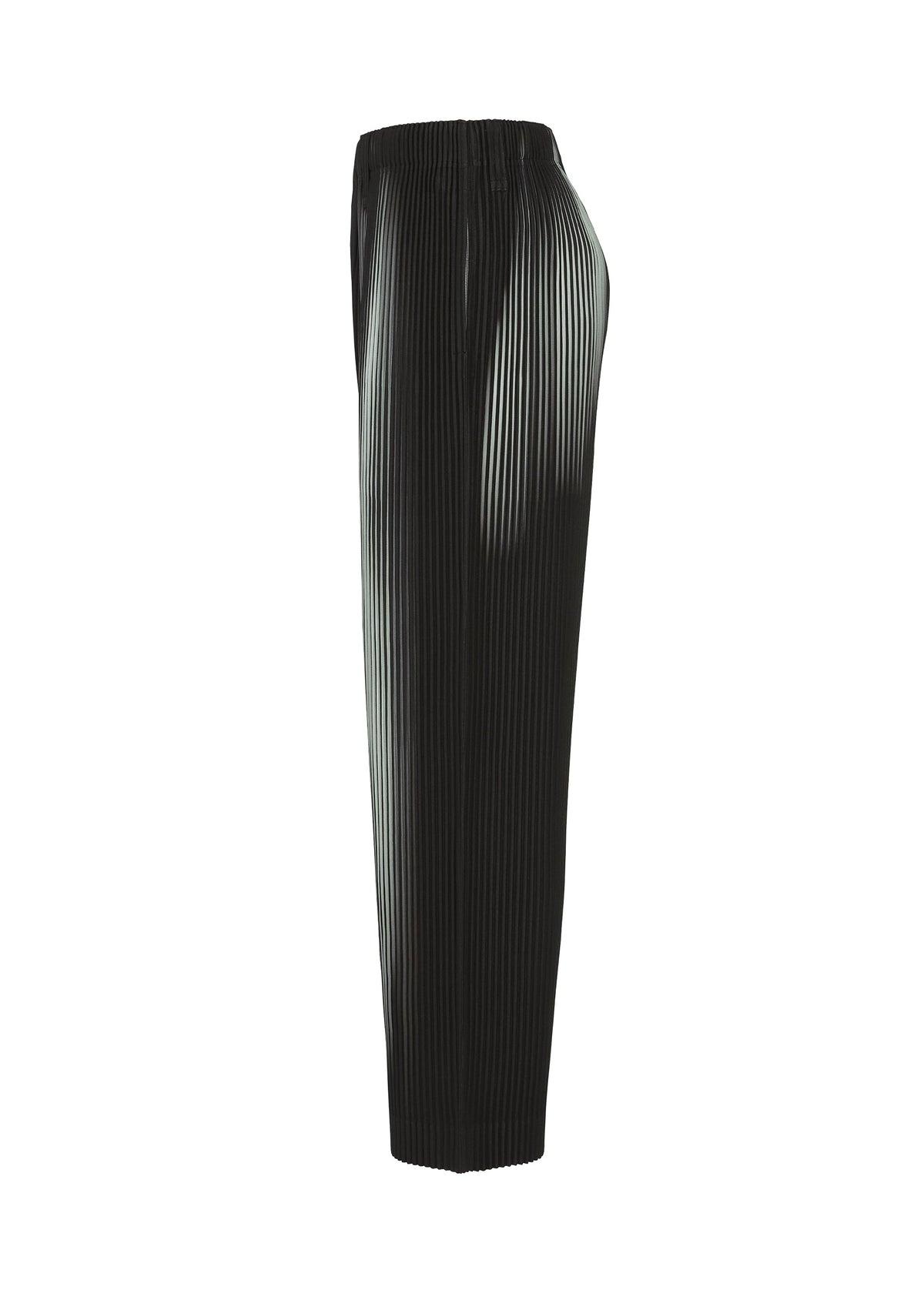 Side view of IN THE SHADOW pleated straight pants by HOMME PLISSÉ ISSEY MIYAKE, with elastic waistband and a white gradient on the left, shown on a white background. view 3 of 5