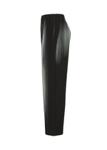 Side view of IN THE SHADOW pleated straight pants by HOMME PLISSÉ ISSEY MIYAKE, with elastic waistband and a white gradient on the left, shown on a white background.