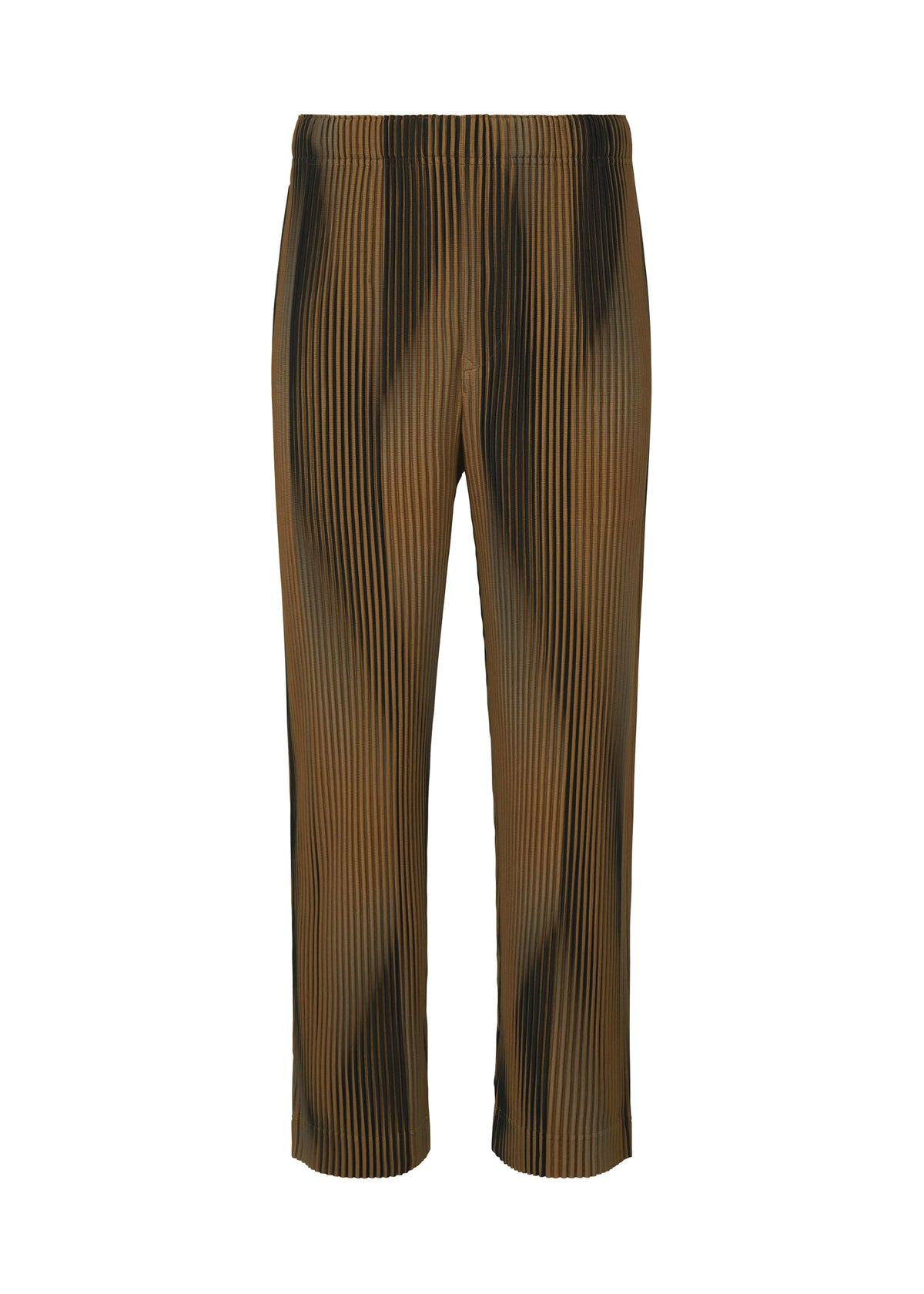 The BLEND OF LIGHTS pants by HOMME PLISSÉ ISSEY MIYAKE feature a brown pleated design with a black tie-dye effect, ribbed texture, elastic waistband, and a sleek silhouette with no visible pockets or closures. view 1 of 5