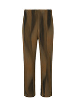 The BLEND OF LIGHTS pants by HOMME PLISSÉ ISSEY MIYAKE feature a brown pleated design with a black tie-dye effect, ribbed texture, elastic waistband, and a sleek silhouette with no visible pockets or closures. - BROWN （no.44）
