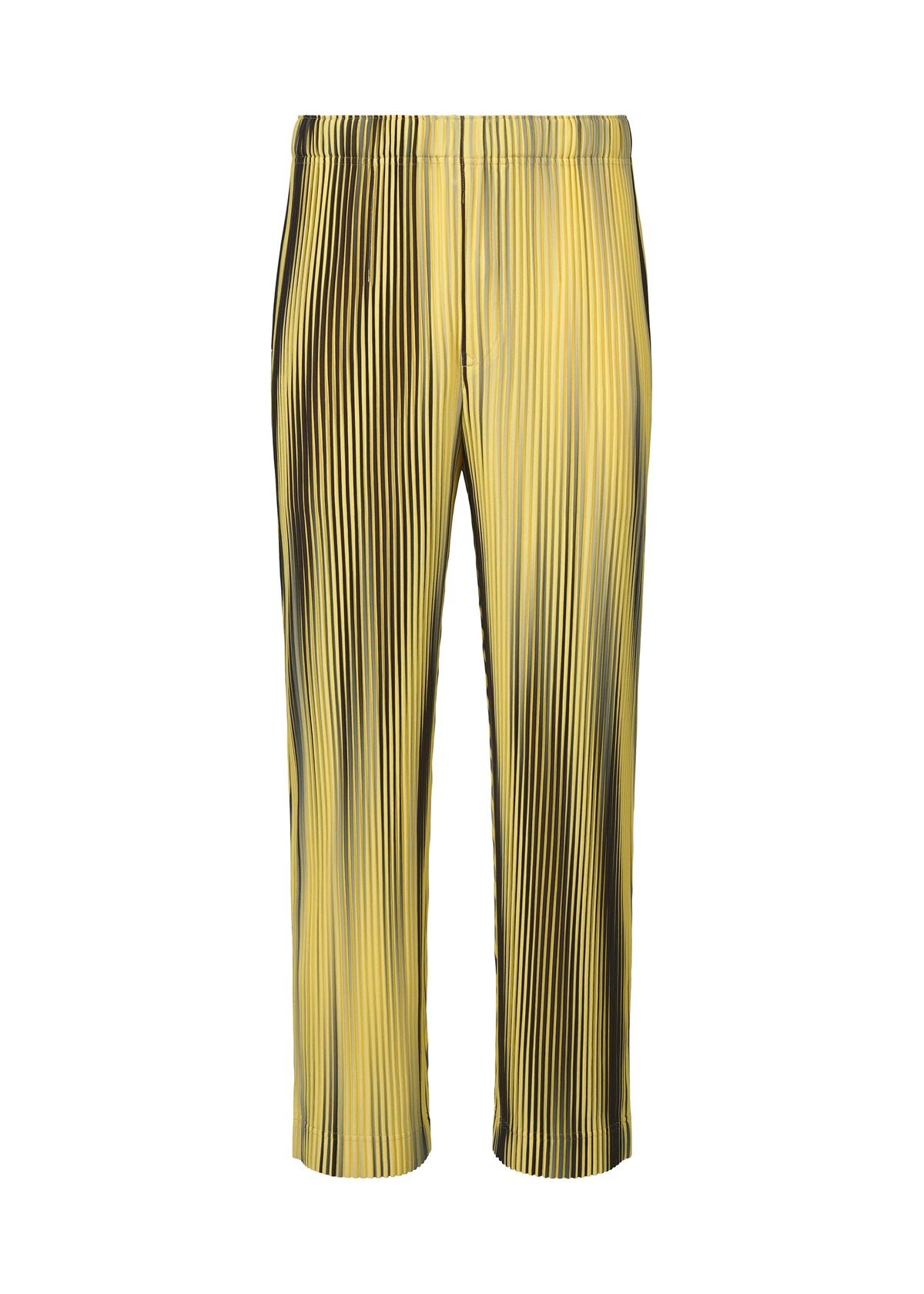The BLEND OF LIGHTS pants by HOMME PLISSÉ ISSEY MIYAKE feature yellow and black stripes, vertical pleats, and an elastic drawcord waist, shown on a white background. view 2 of 5
