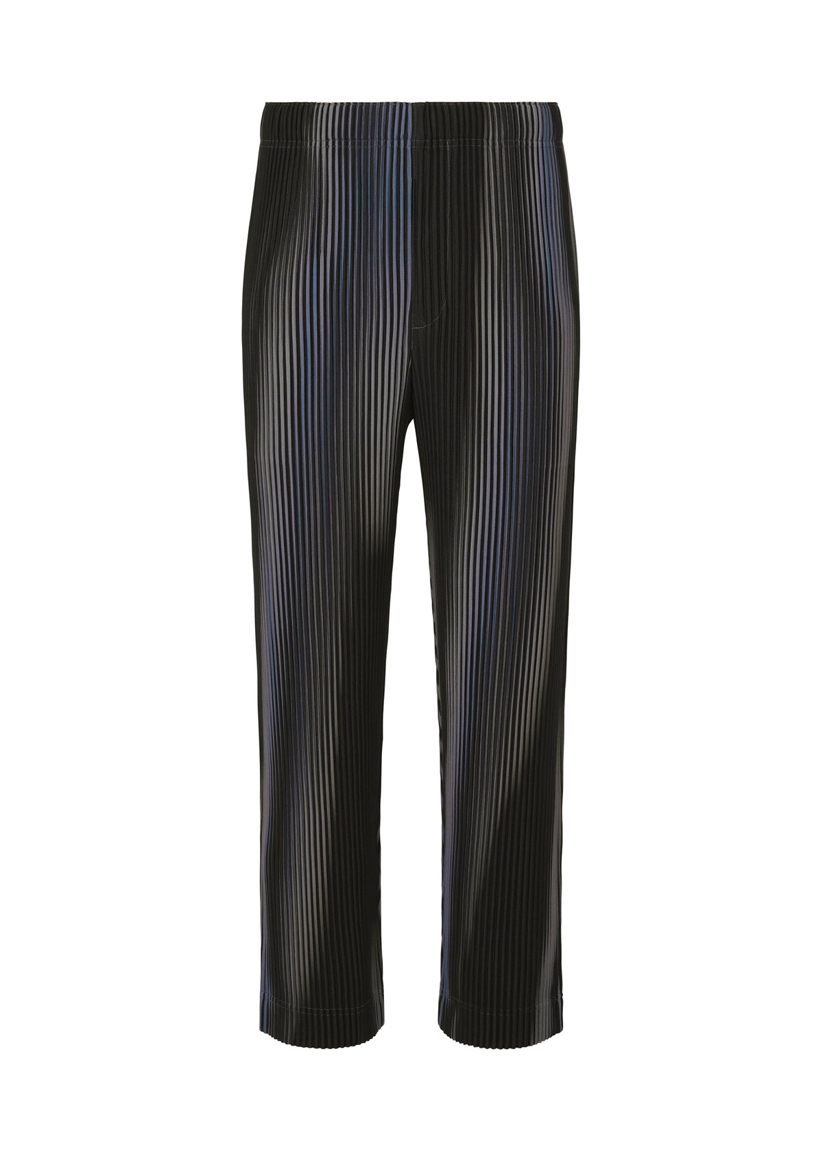 BLEND OF LIGHTS by HOMME PLISSÉ ISSEY MIYAKE: black pleated cropped straight pants in shiny, textured fabric with an elastic drawcord waist, shown on a white background. view 3 of 5