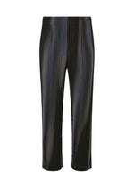 BLEND OF LIGHTS by HOMME PLISSÉ ISSEY MIYAKE: black pleated cropped straight pants in shiny, textured fabric with an elastic drawcord waist, shown on a white background. - BLUE （no.72）