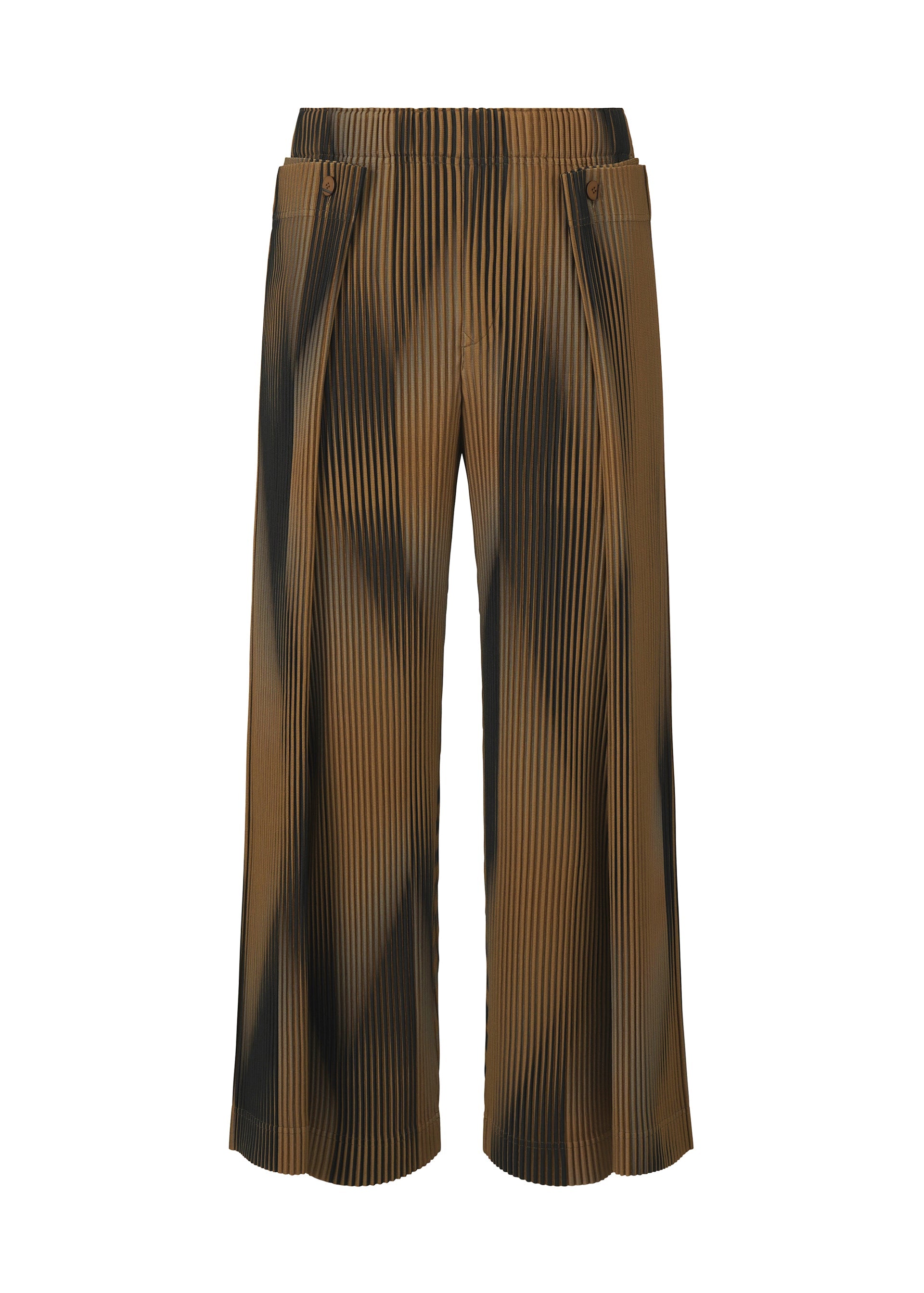 Zoomed view The BLEND OF LIGHTS wide-leg pleated pants by HOMME PLISSÉ ISSEY MIYAKE feature brown fabric with black tie-dye accents, a drawcord and elastic waistband, showcased against a plain white background. - BROWN （no.44）